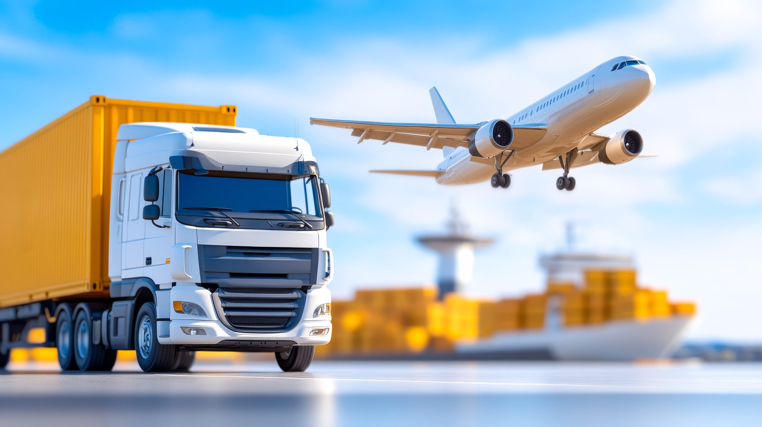 TB SEALER lojistik ağı – beyaz kamyon, sarı konteyner ve havada uçan kargo uçağıyla teslimat süreci.