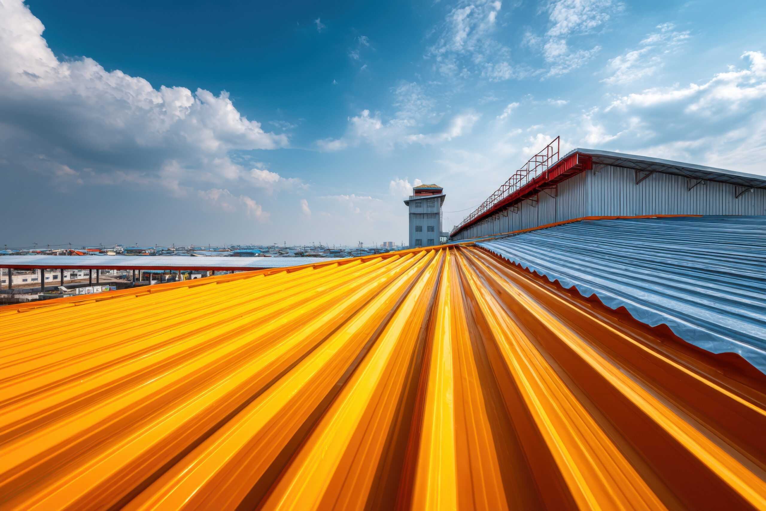 Metal roof surface protected with TB SEALER bio-based waterproof coating — anti-corrosion and UV-resistant protection. / TB SEALER bio bazlı su yalıtım kaplamasıyla korunmuş metal çatı yüzeyi — paslanmaya ve UV ışınlarına karşı yüksek dayanım.