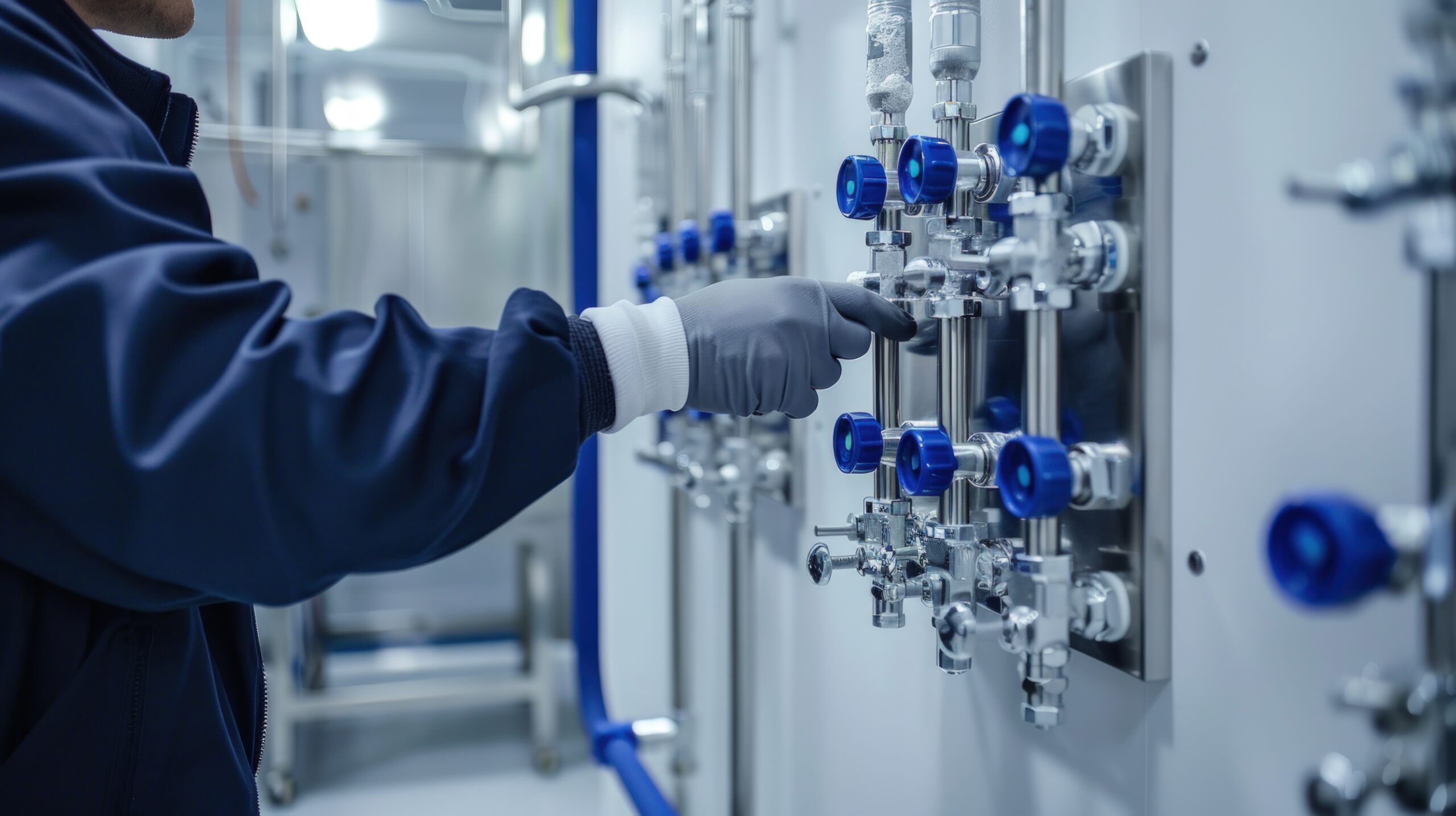 TB SEALER üretim hattında çalışan teknisyen, endüstriyel vana sistemlerini kontrol ediyor.