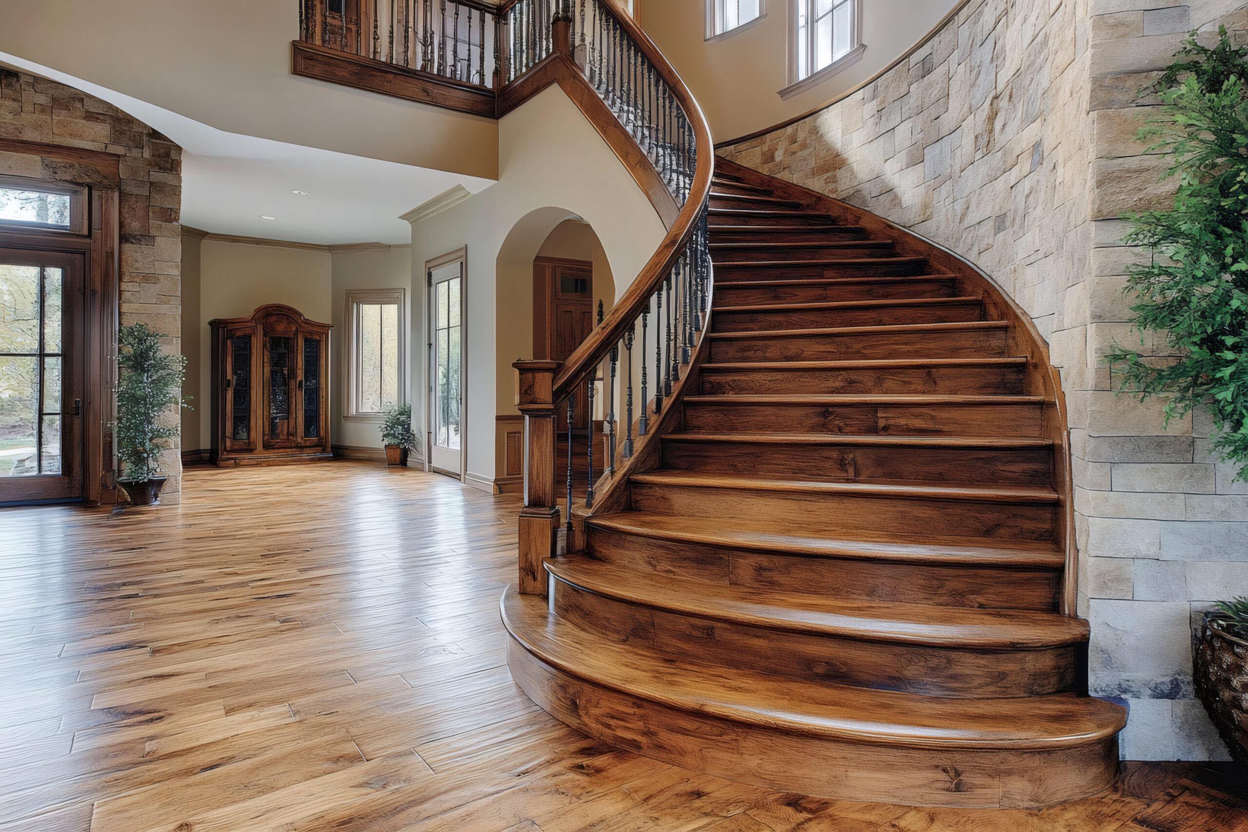 TB SEALER kaplamasıyla korunan ahşap merdiven ve zemin – lüks iç mekanda parlak yüzey ve doğal renk dengesi.