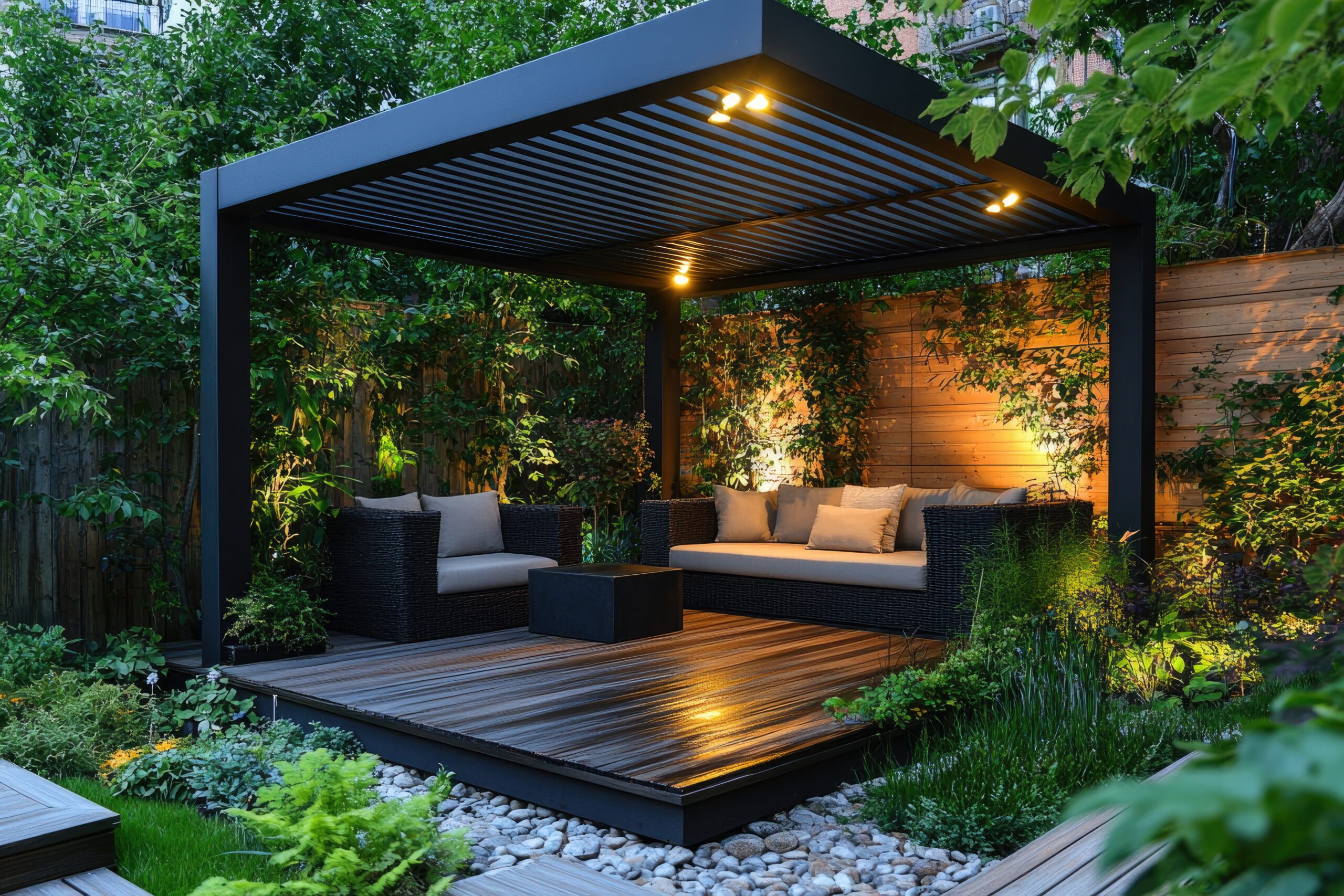 Ahşap zemin üzerine uygulanmış TB SEALER kaplama; dış mekanda modern pergola altında parlak ve korumalı yüzey.