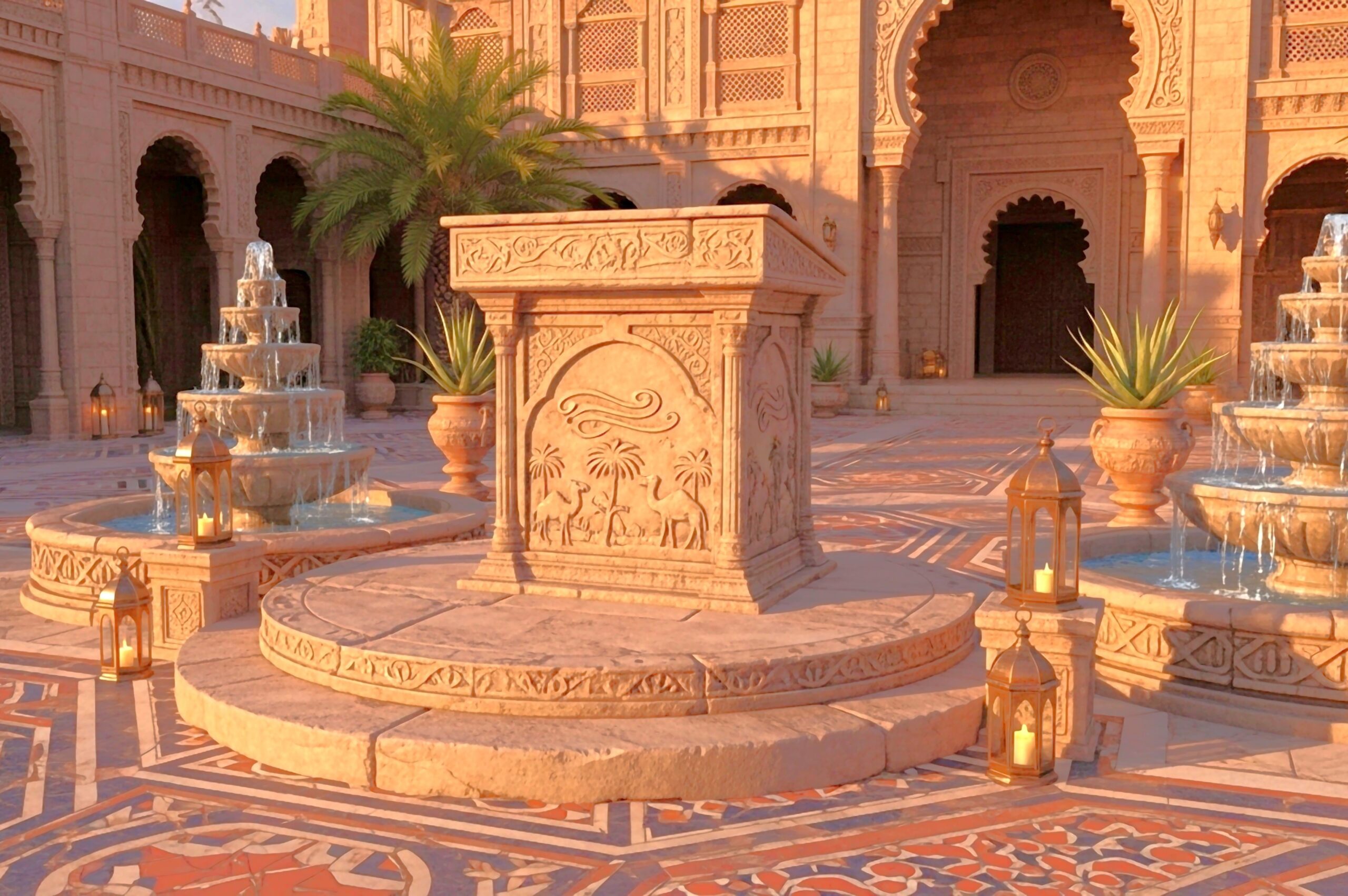 Decorative stone fountain courtyard protected with bio-based waterproof coating, maintaining shine and preventing water damage. / Parlaklığını koruyan ve su hasarını önleyen bio bazlı su yalıtım kaplamasıyla korunmuş dekoratif taş avlu ve çeşme.