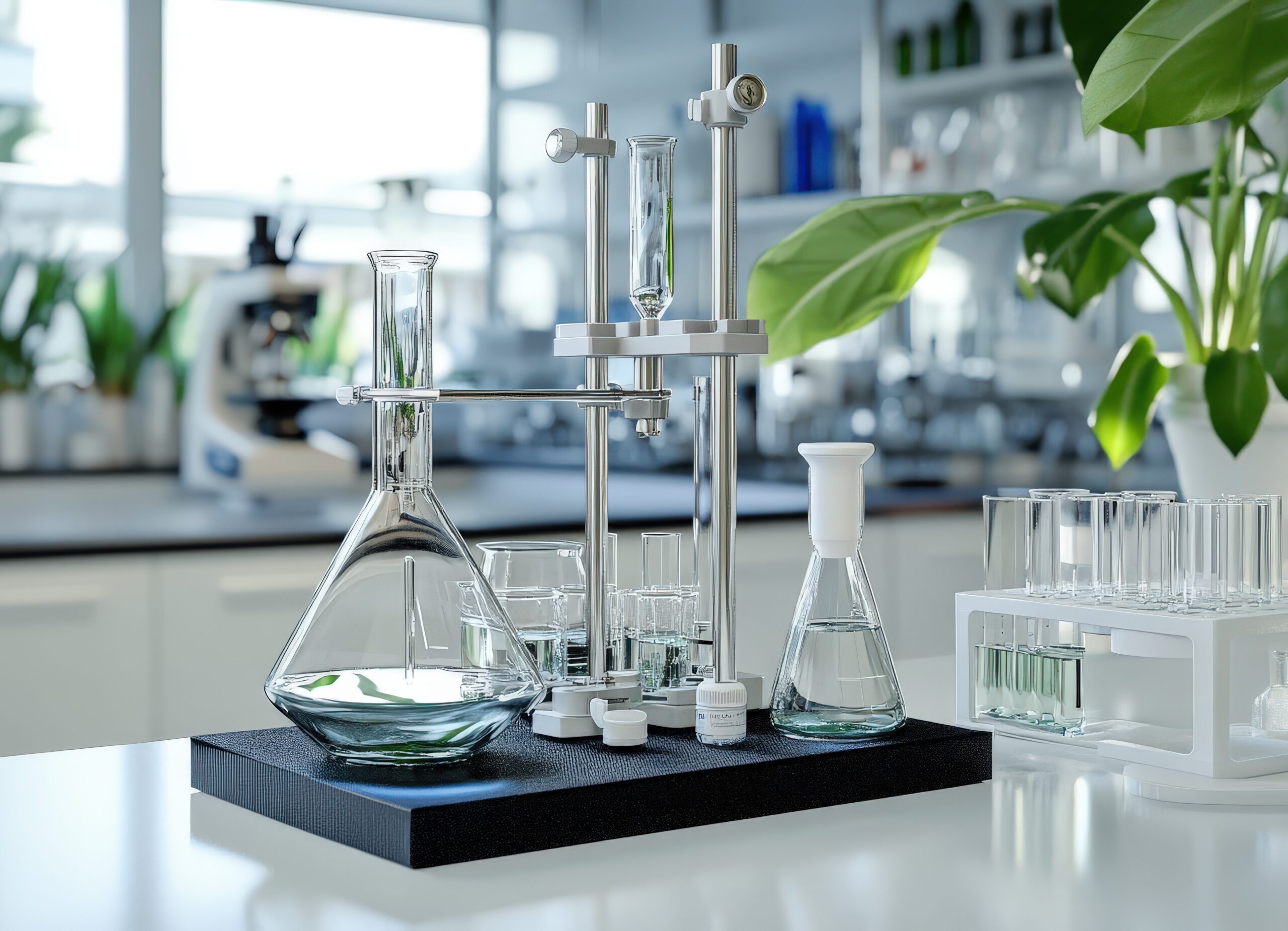 TB SEALER’in laboratuvar ortamında geliştirilen bio bazlı formül test aşamasında – cam tüpler ve deney düzenekleri.