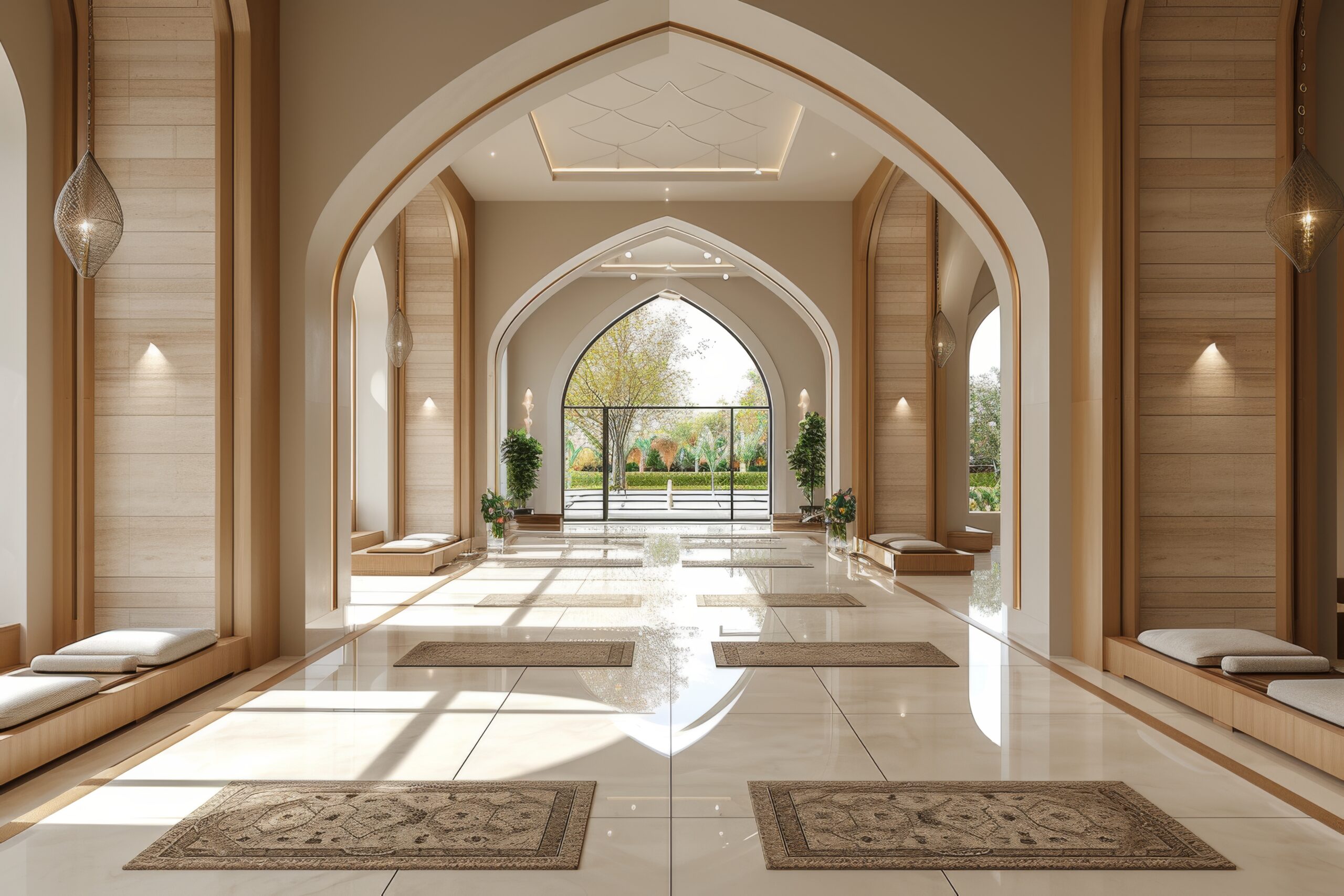 Modern mosque interior featuring minimalist design, glossy waterproof flooring, and natural light reflecting on sealed surfaces.