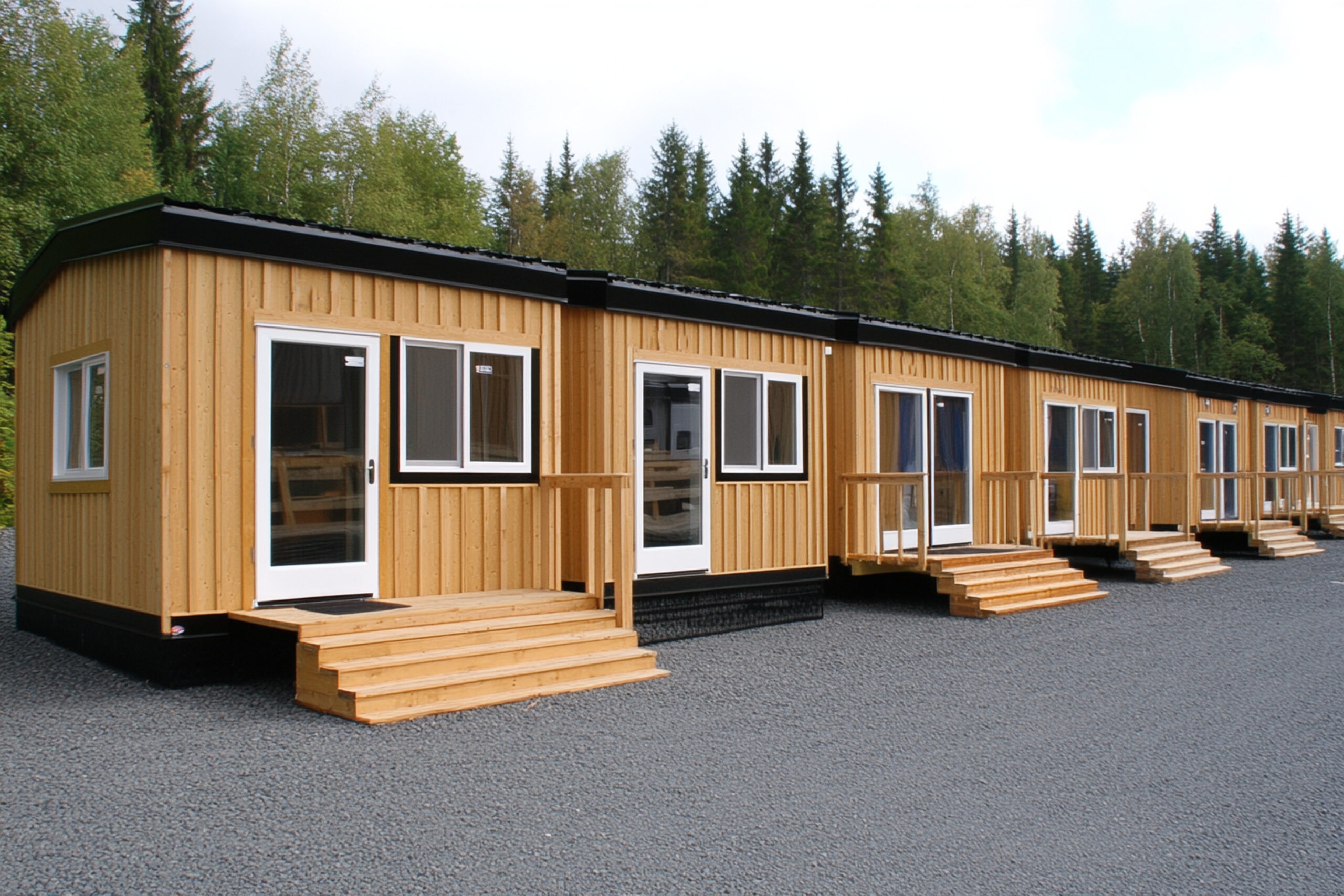 Row of modern wooden cabins with sealed exteriors, protected with waterproof bio-based coating for long-term durability.