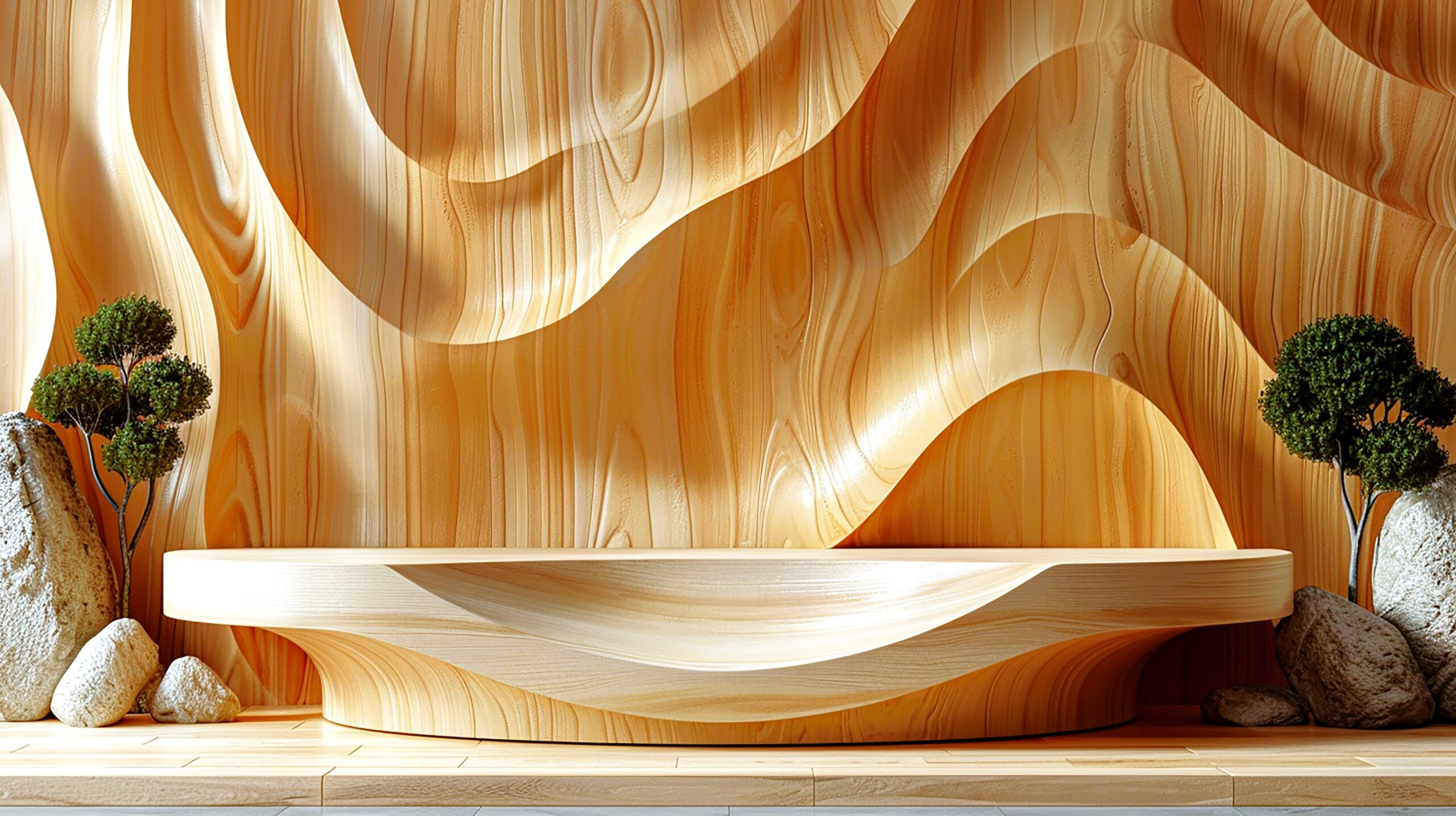 Curved wooden wall and bench finished with natural bio-based waterproof coating, showcasing warm tones and elegant texture. / Sıcak tonları ve zarif dokusuyla öne çıkan, doğal bio bazlı su yalıtım kaplamasıyla korunmuş kavisli ahşap duvar ve oturma yüzeyi.