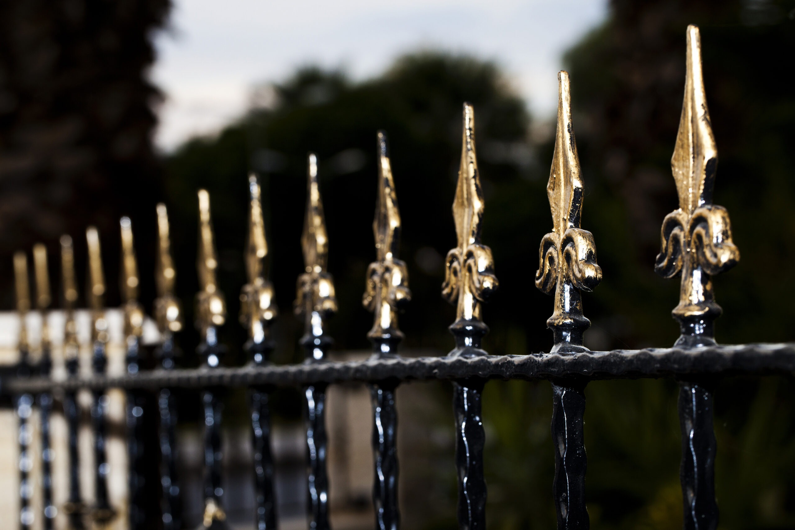 Close-up of decorative black iron fence with golden tips, coated for long-lasting protection and shine.