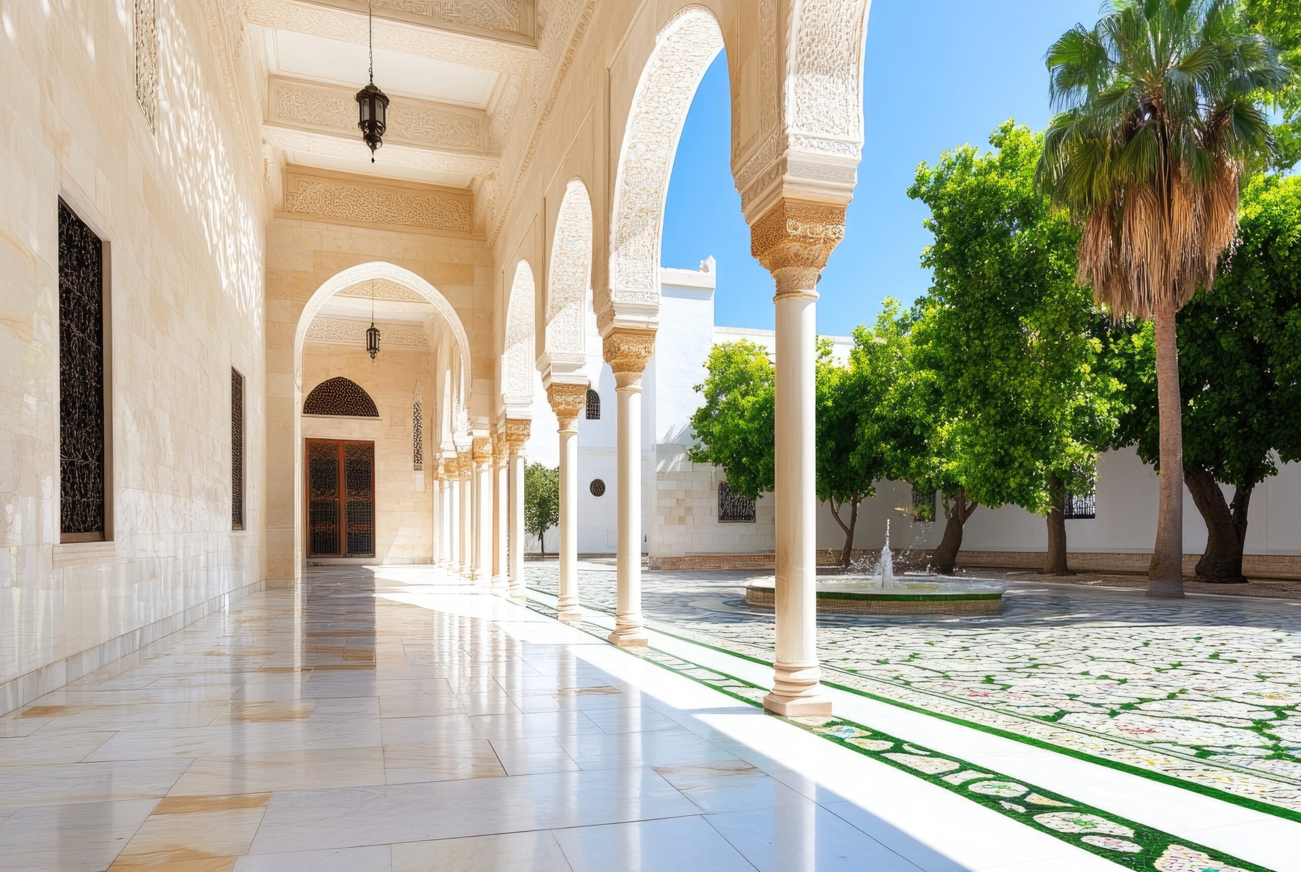 Marble hallway with arched design protected by waterproof bio-based coating, reflecting natural sunlight. / Doğal güneş ışığını yansıtan, bio bazlı su yalıtım kaplamasıyla korunmuş mermer ve kemerli dış mekân koridoru.