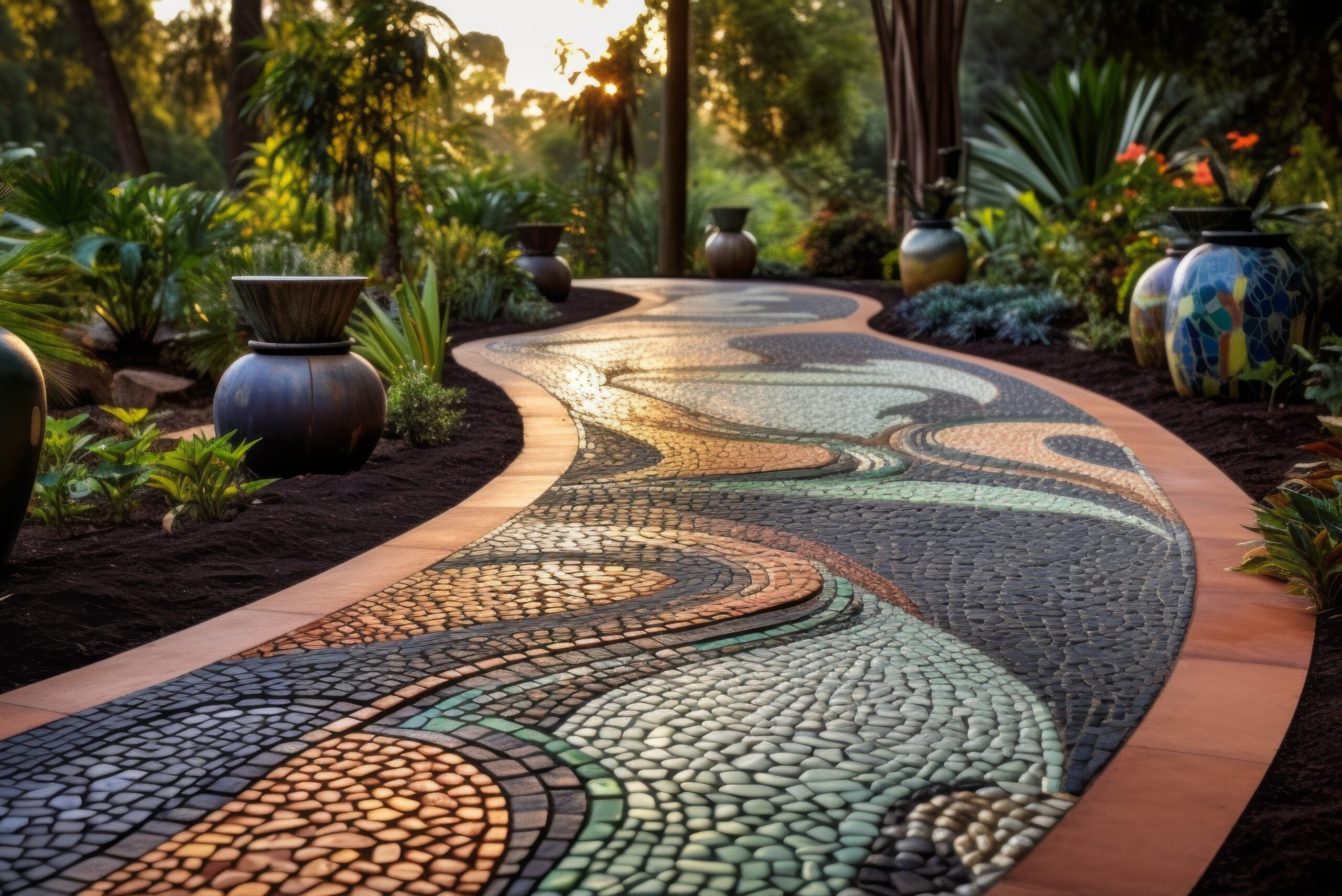 Decorative stone pathway treated with waterproof bio-based coating, enhancing color and surface protection. / Renkleri ve yüzey korumasını artıran bio bazlı su yalıtım kaplaması uygulanmış dekoratif taş yürüyüş yolu.