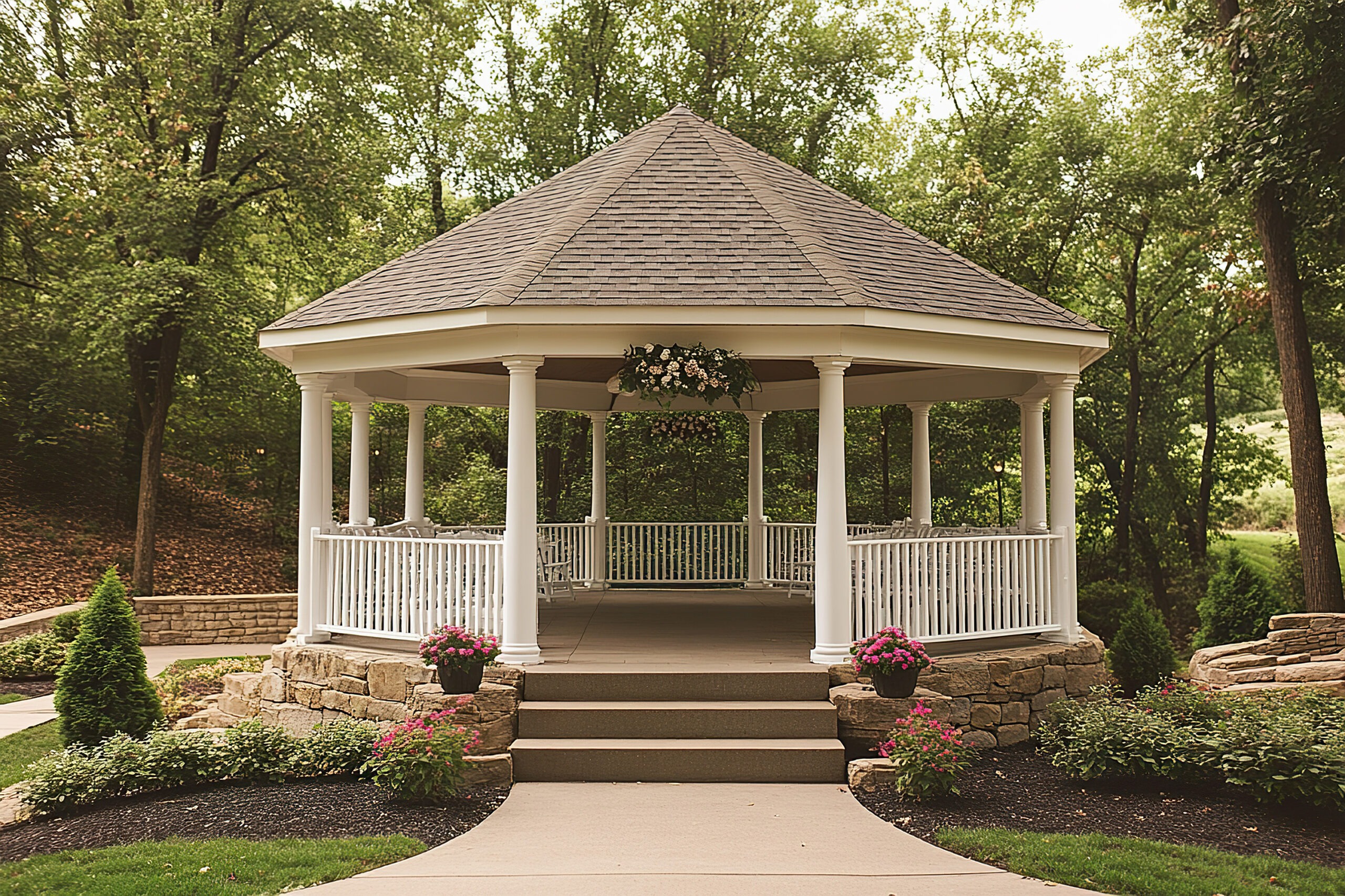 Wooden and stone gazebo protected with waterproof bio-based coating in a lush green park. / Yeşil bir parkta bio bazlı su yalıtım kaplamasıyla korunmuş ahşap ve taş gazebo.