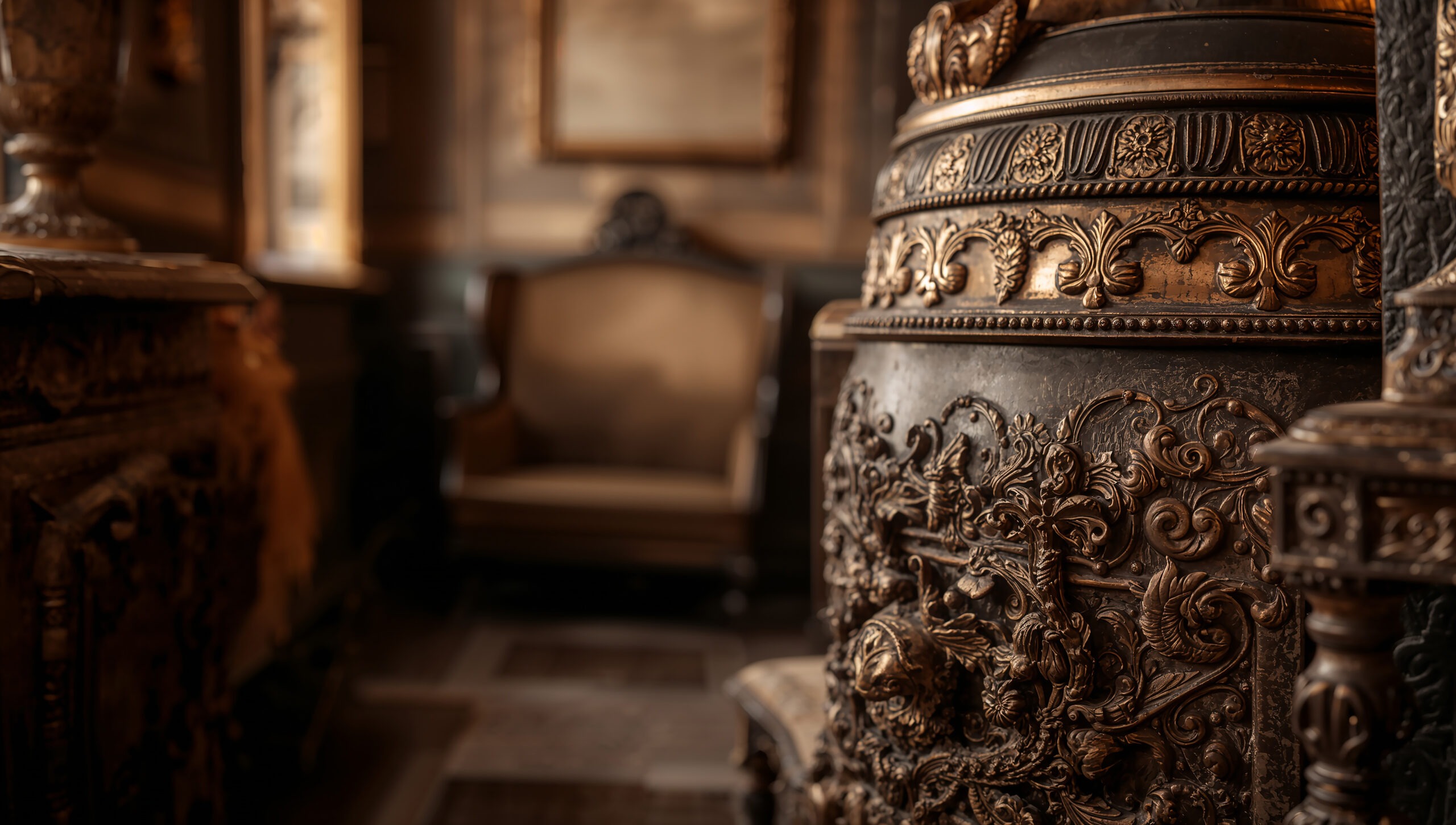 Ornate antique metal stove protected with bio-based waterproof coating, maintaining shine and preventing oxidation. / Bio bazlı su yalıtım kaplamasıyla korunmuş süslü antika metal soba — parlaklığını korur, oksitlenmeyi önler.