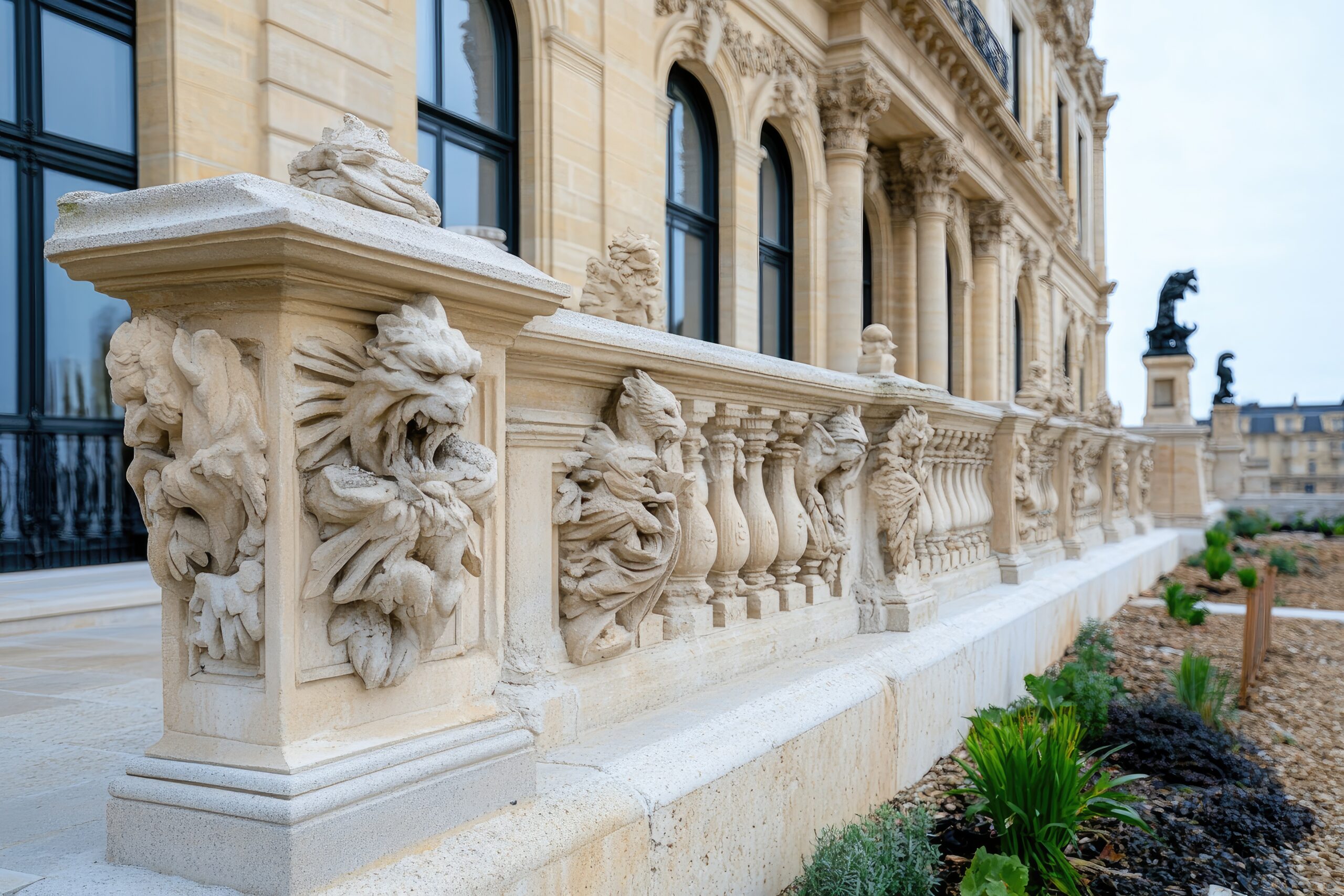 Detailed stone carvings on historical building façade treated with waterproof bio-based coating. / Bio bazlı su yalıtım kaplamasıyla korunmuş tarihi bina cephesinde detaylı taş oymalar.