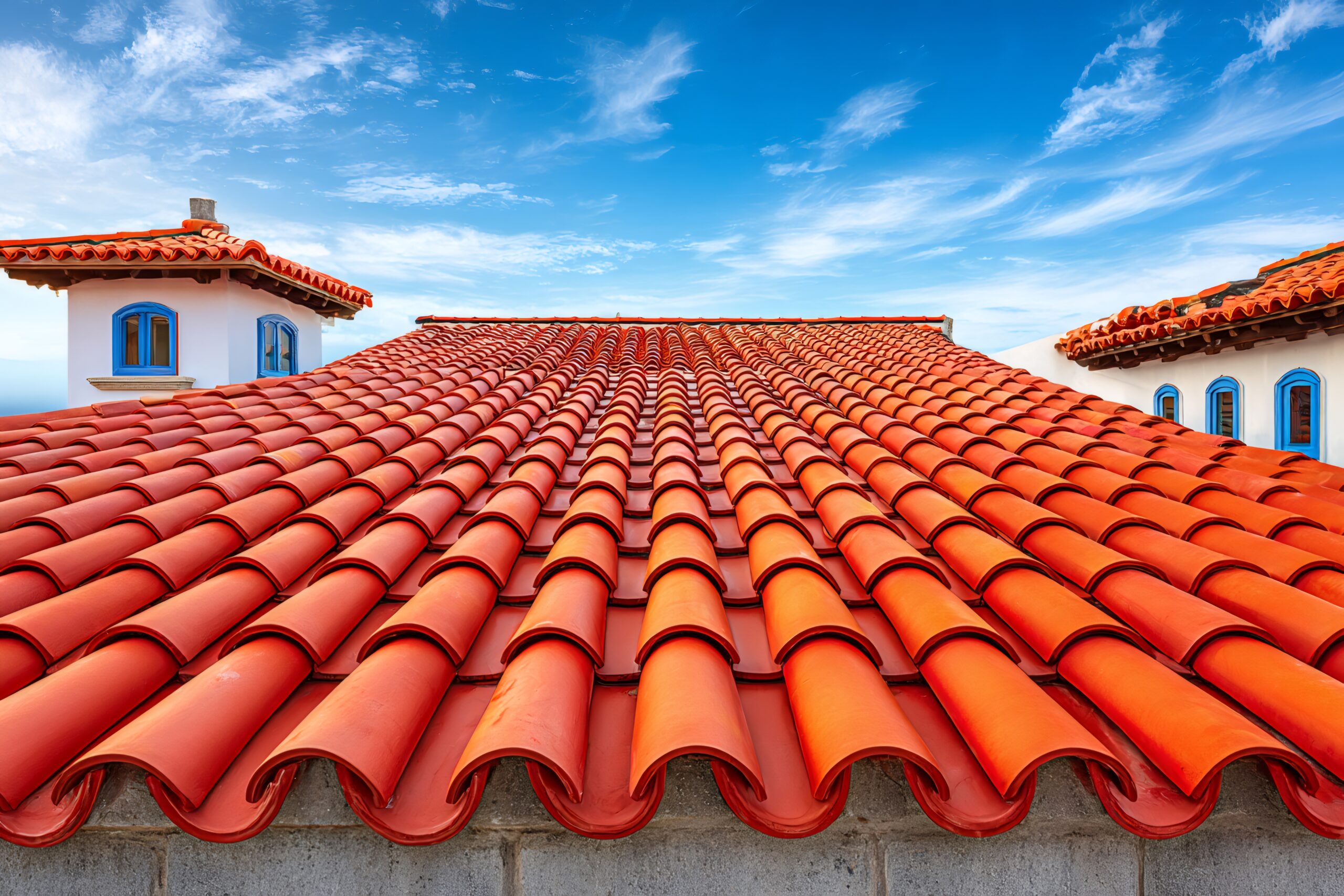 Red ceramic tile roof sealed with waterproof bio-based coating under a clear blue sky. / Mavi gökyüzü altında bio bazlı su yalıtım kaplamasıyla korunmuş kırmızı seramik kiremit çatı.