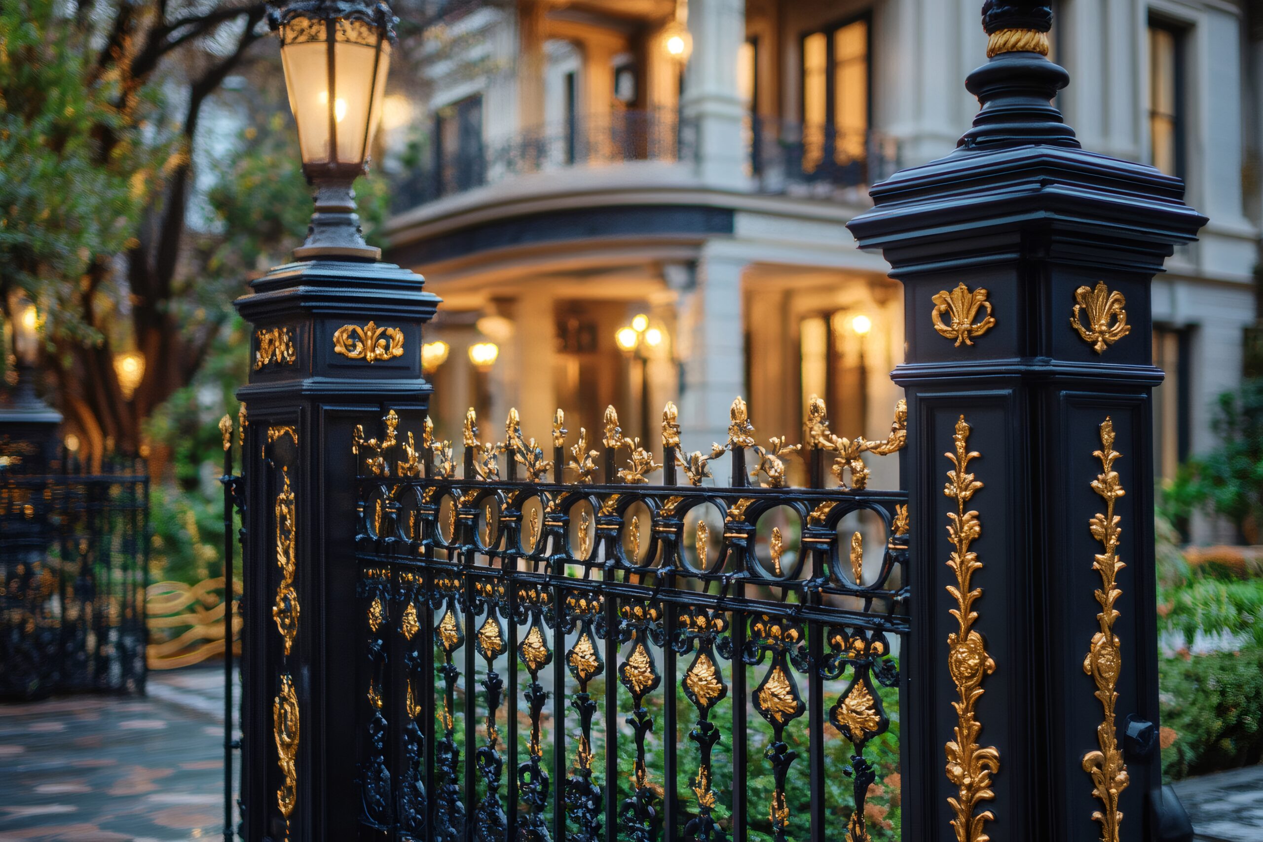 Close-up of decorative black iron fence with golden tips, coated for long-lasting protection and shine.