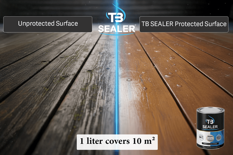 TB SEALER ile korunmuş ahşap yüzey ve uygulanmamış ahşap karşılaştırması