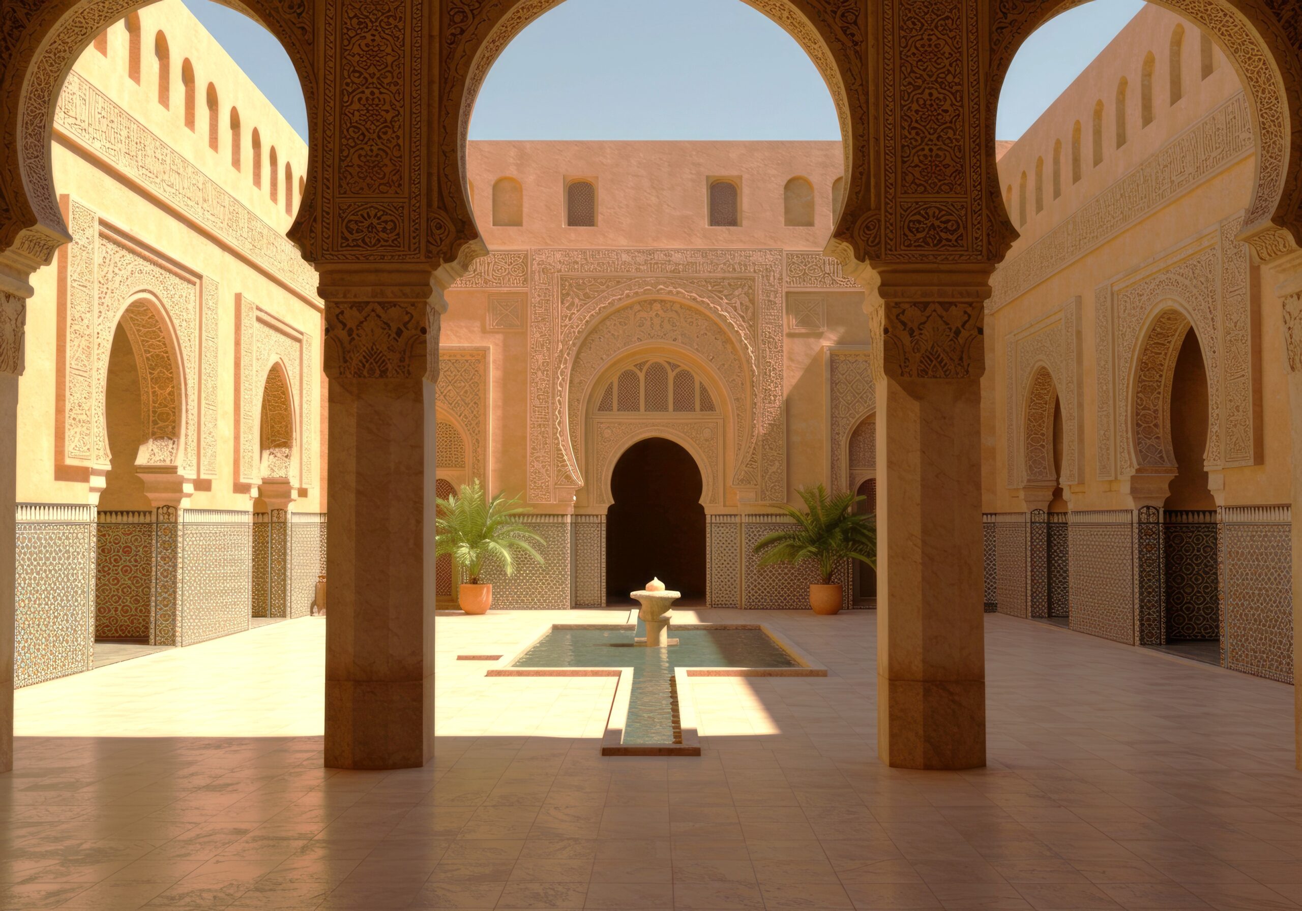 Güneş ışığıyla aydınlanan tarihi taş avlu – TB SEALER uygulamasıyla korunmuş yüzey detayları.