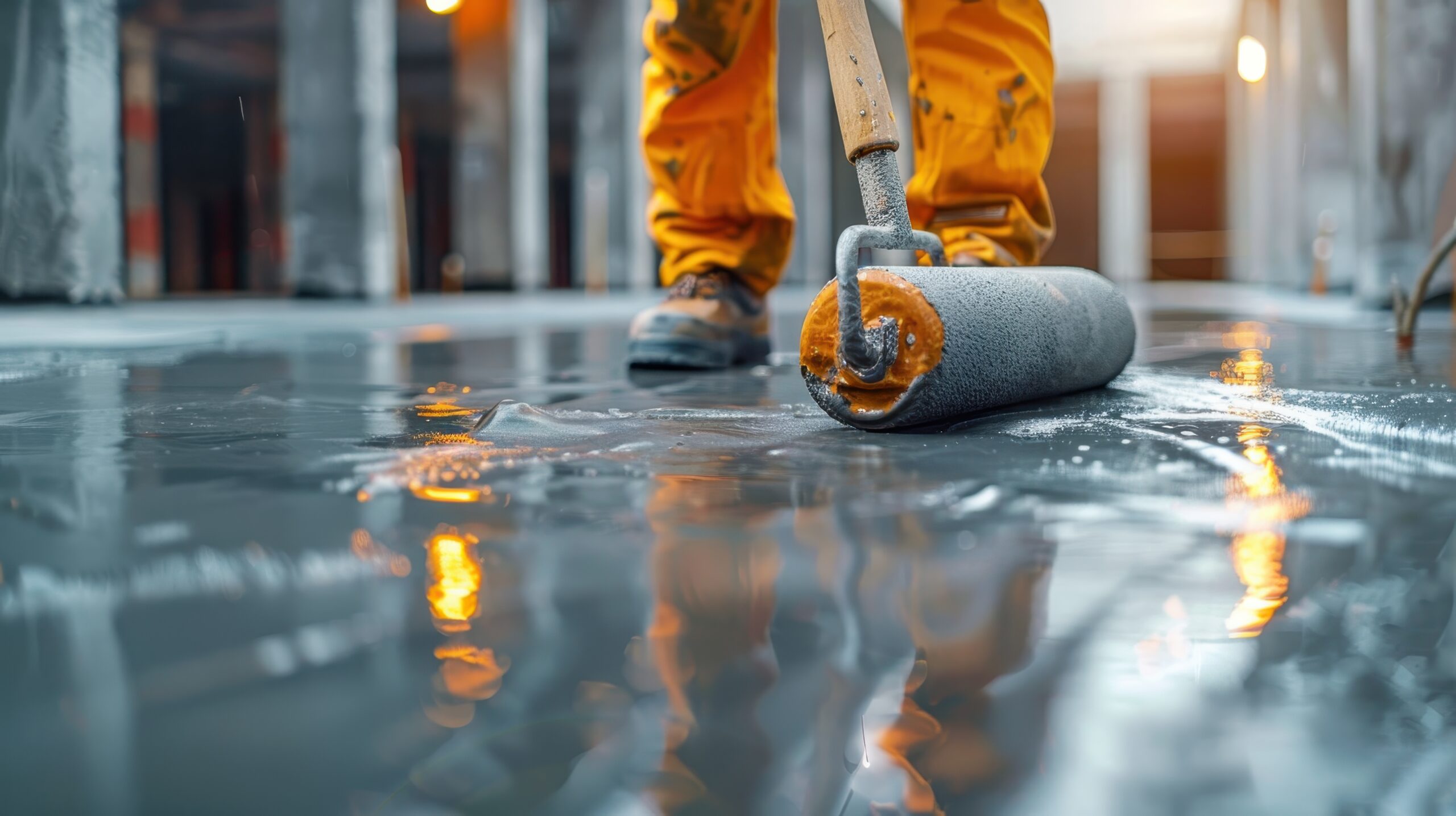 TB SEALER uygulama uzmanı, yeni dökülmüş zemin üzerine sıvı yalıtım kaplaması yapıyor.